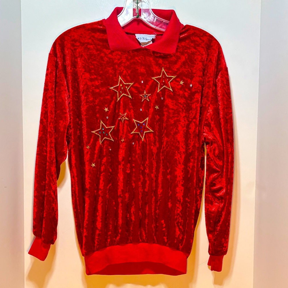 Vintage 1990's Red With Gold Rimmed Star Embellished Velour Sweater!